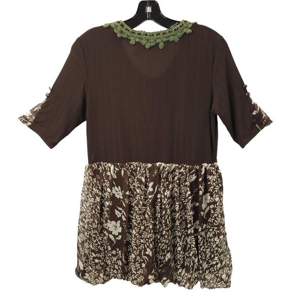 Pretty Angel Chocolate Floral Boho Tunic Top Womens L Crochet Trim Button Detail - Picture 2 of 15